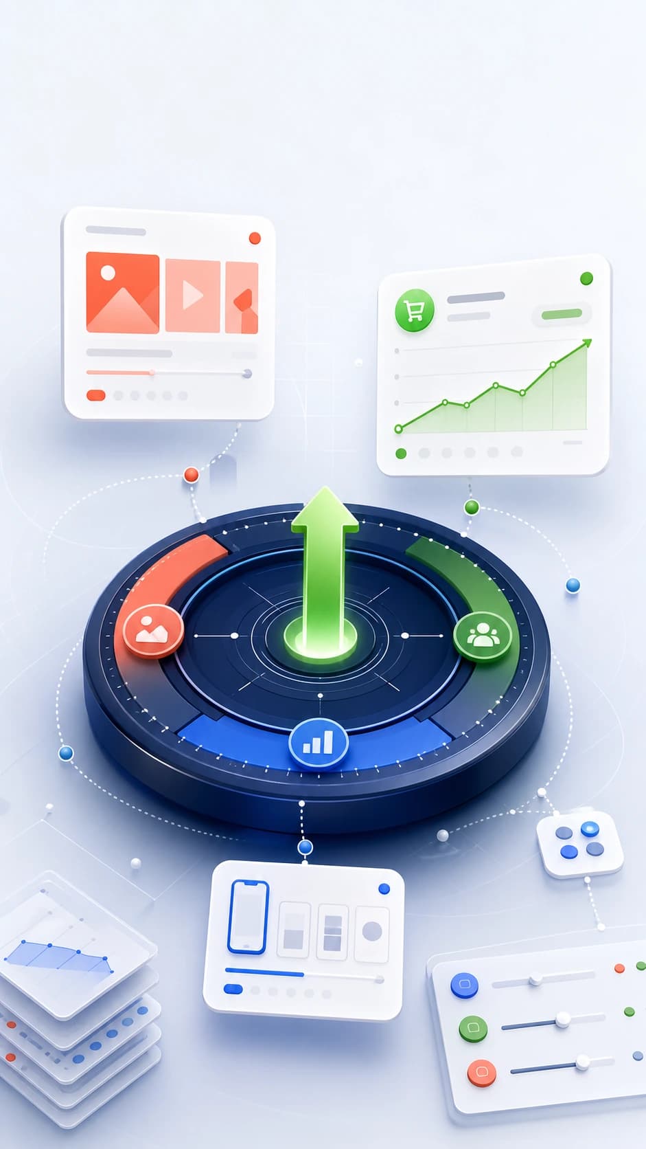 Abstrakt illustrasjon av Meta Ads-kampanjer, plasseringer og resultatmåling.